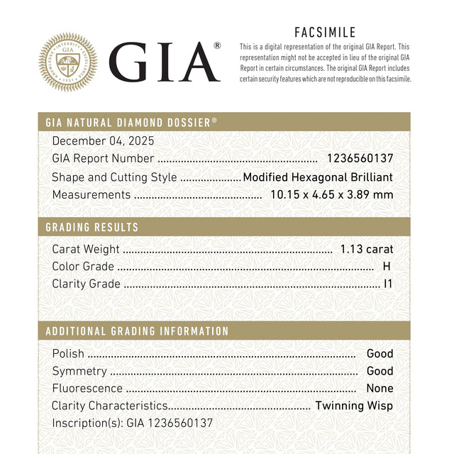 1.13ct 10.15x4.65x3.89mm GIA I1 H Hexagon Brilliant 27391-01