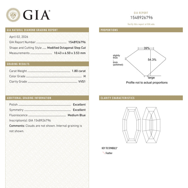 1.80ct 10.43x6.50x3.53mm GIA VVS1 H Cut Corner Rectangle Step Cut 28011-01