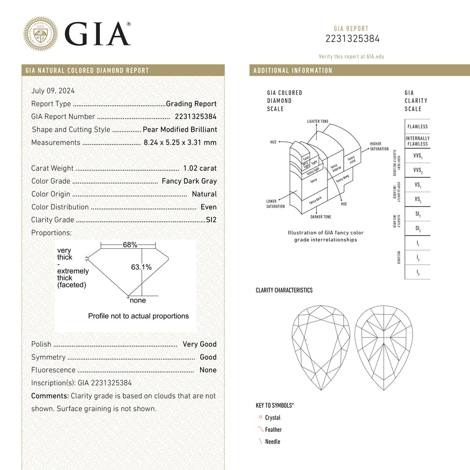 1.02ct 8.24x5.25x3.31mm GIA SI2 Fancy Grey Pear Brilliant 26129-01
