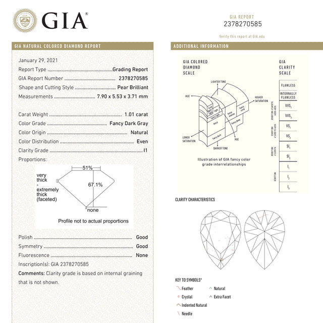 1.01ct 7.90x5.53x3.71mm GIA I1 Fancy Dark Grey Pear Brilliant 19544-01