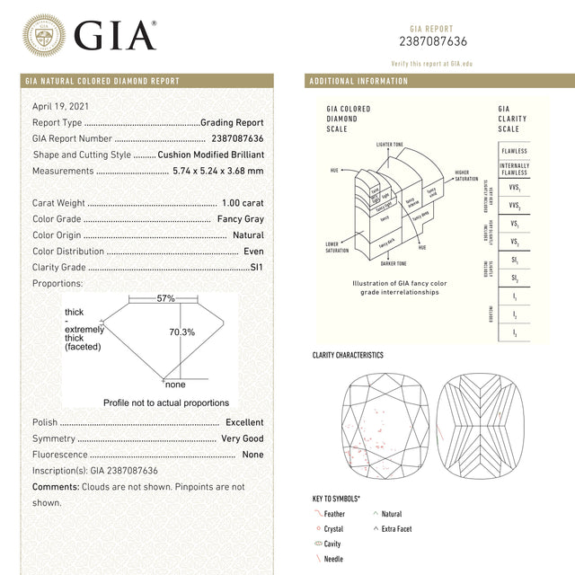 1.00ct 5.74x5.24x3.68mm GIA SI1 Fancy Grey Cushion Brilliant 19412-01