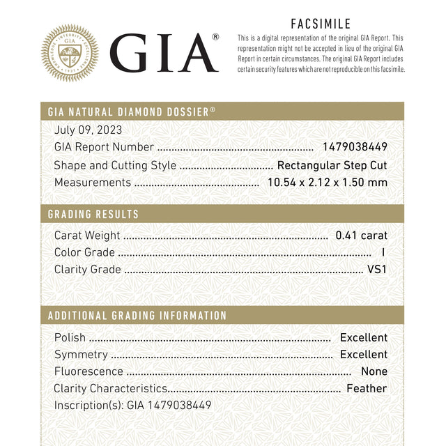 0.41ct 10.54x2.12x1.50mm GIA VS1 I Baguette Step Cut 24297-01