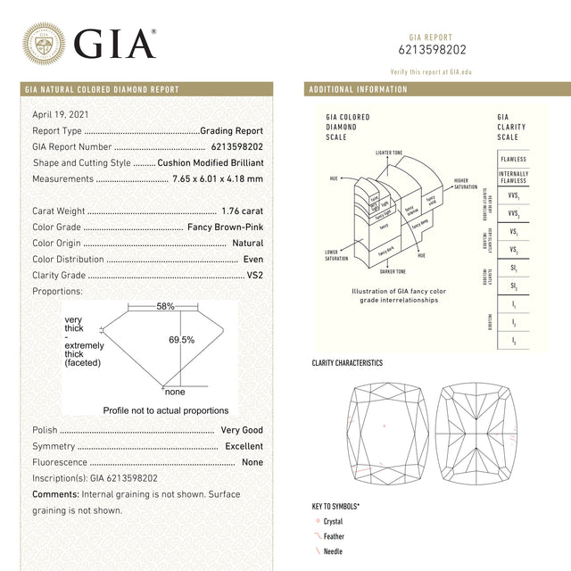 1.76ct 7.65x6.01x4.18mm GIA VS2 Fancy Brown-Pink Cushion Brilliant π¨π¦ 24111-01