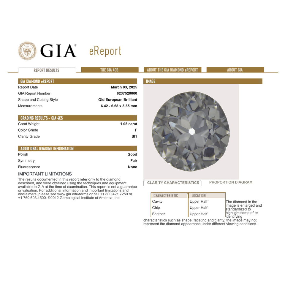 1.05ct 6.68x6.42x3.85mm GIA SI1 F Antique Old European Cut 26168-01