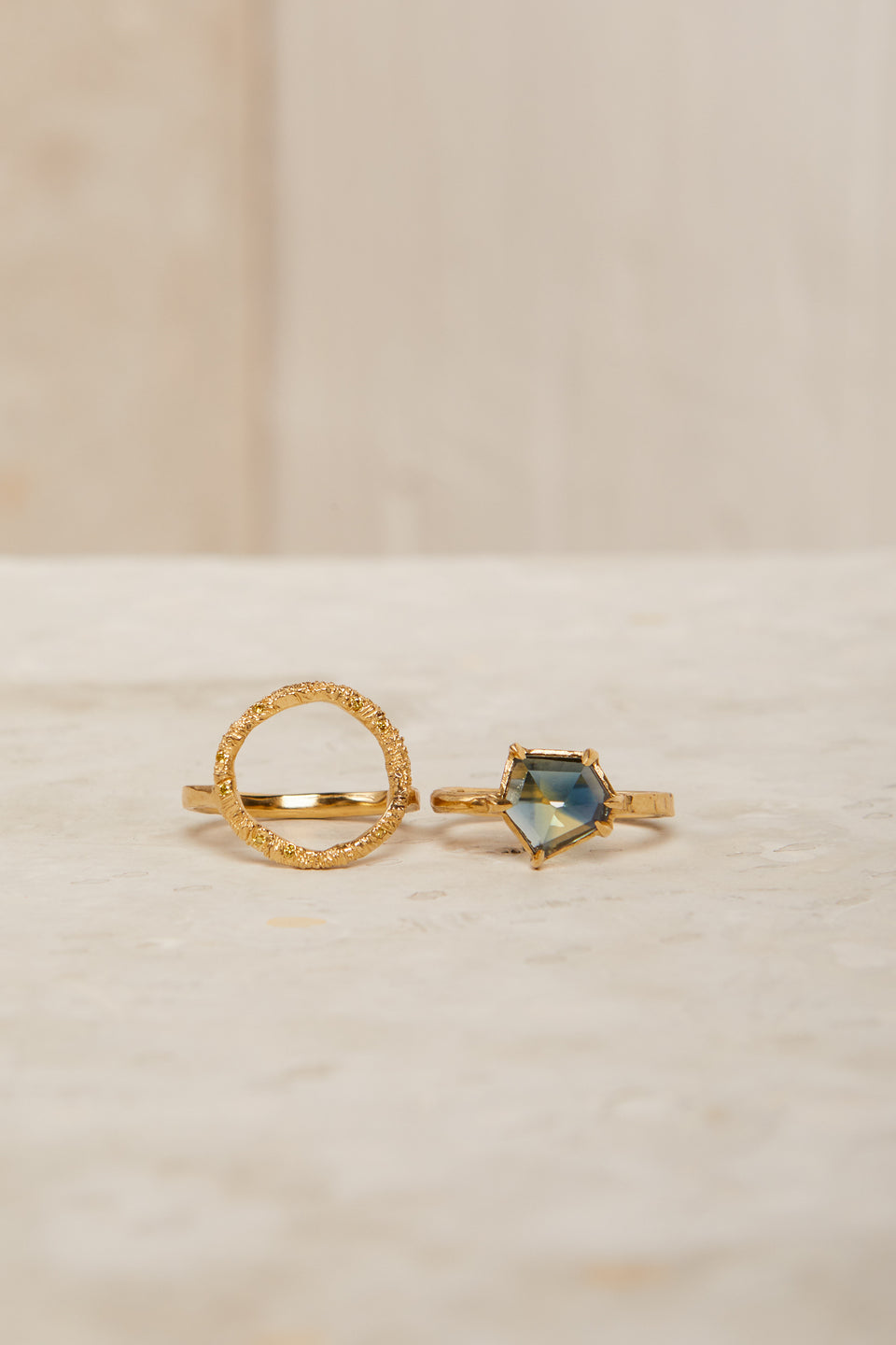 Sapphire + Diamond Halo Ring Pair