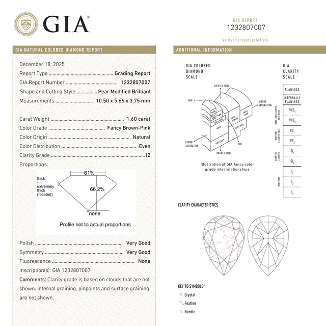 IN SHOP _ 1.60ct 10.50x5.66x3.75mm GIA Fancy Brown-Pink Pear Brilliant 27233-03