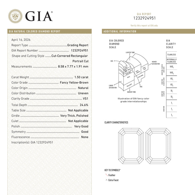 1.50ct 8.58x7.77x1.91mm GIA VS1 Fancy Yellow-Brown Cut Corner Rectangle Portrait Cut 28017-01