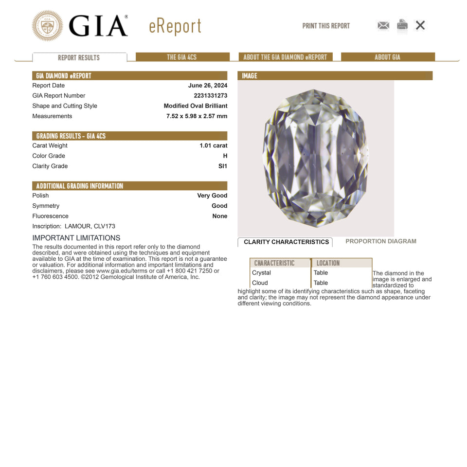 1.01ct 7.52x5.98x2.57mm GIA SI1 H Geo Oval Brilliant 25167-01