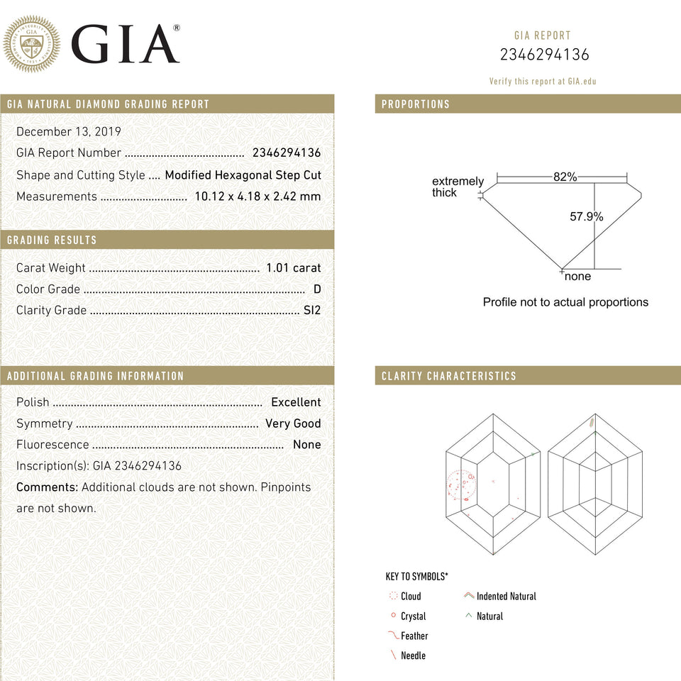 1.01ct 10.12x4.18x2.42mm GIA SI2 D Hexagon Step Cut 22621-01