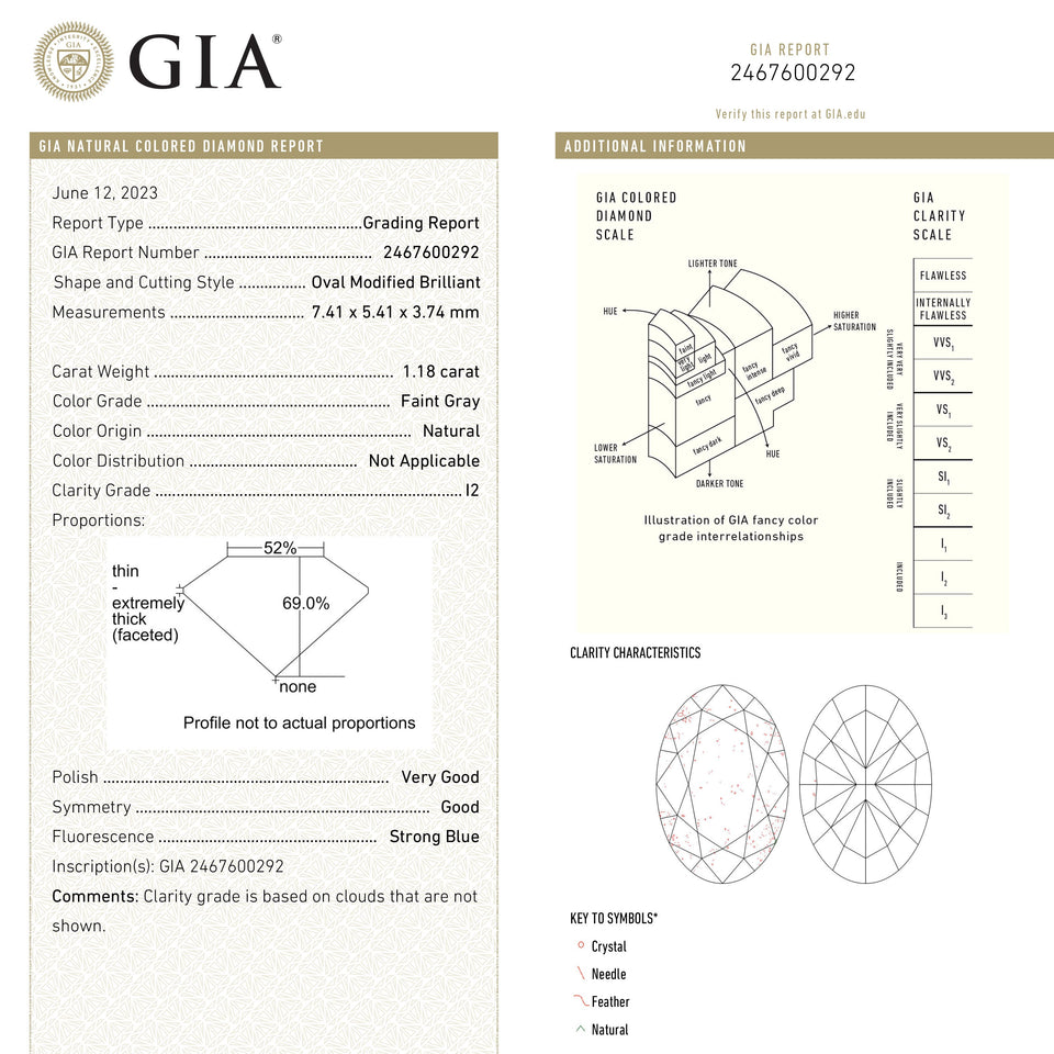 1.18ct 7.41x5.41x3.74mm GIA I2 Faint Grey Oval Brilliant 23894-01