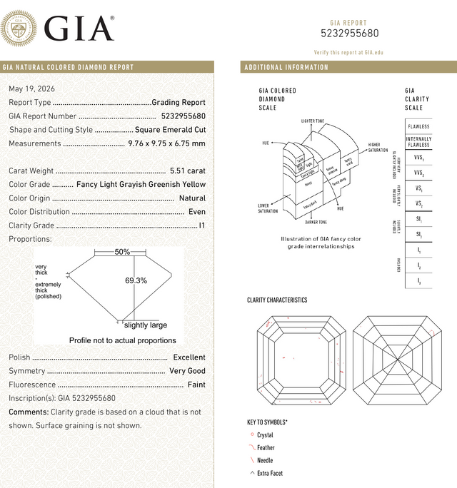 5.51ct 9.76x9.75x6.75mm GIA I1 Fancy Greyish Greenish Yellow Cut Corner Square Step Cut 28026-01