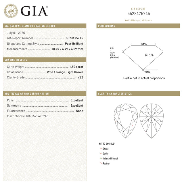 1.80ct 10.75x6.49x4.09mm GIA VS2 W-X Pear Brilliant 27388-01