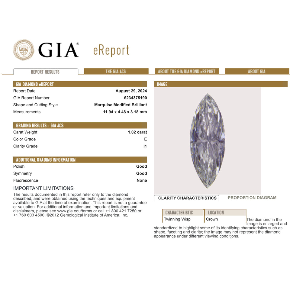 1.02ct 11.94x4.48x3.18mm GIA I1 E Marquise Brilliant 25353-01