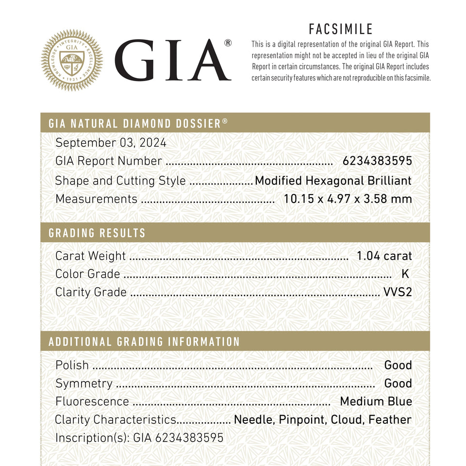 1.04ct 10.15x4.97x3.58mm GIA VVS2 K Hexagon Brilliant 25356-01