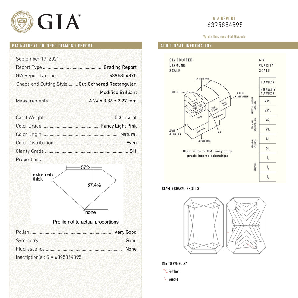 0.31ct 4.24x3.36x2.27mm GIA SI1 Fancy Pink Cut Corner Rectangle Brilliant 24095-01