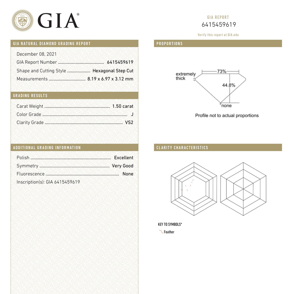 1.50ct 8.19x6.97x3.12mm GIA VS2 J Hexagon Step Cut 21961-01