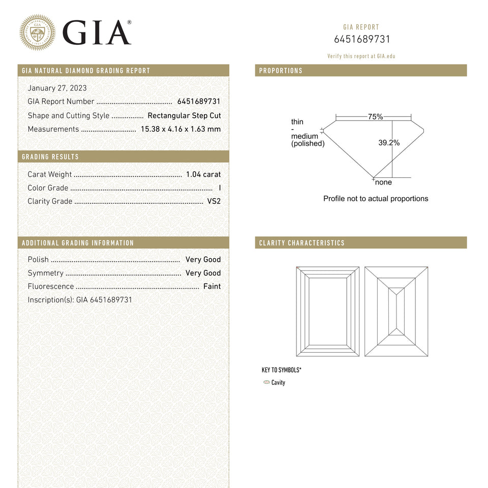 1.04ct 15.35x4.17x1.59mm GIA VS2 I Baguette Step Cut 23037-01