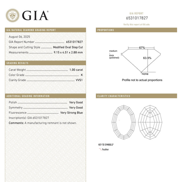 1.00ct 9.15x4.51x2.88mm GIA VVS1 K Geo Oval Step Cut 28330-01