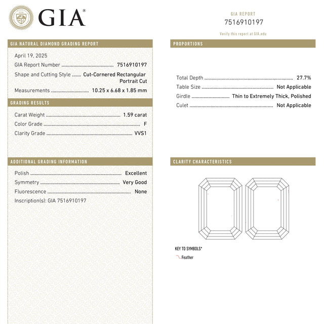 1.59ct 10.25x6.68x1.85mm GIA VVS1 F Cut Corner Rectangle Portrait Cut 27535-01