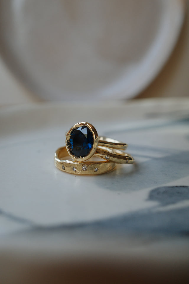 Blue Molten Oval Sapphire Triple Band Set