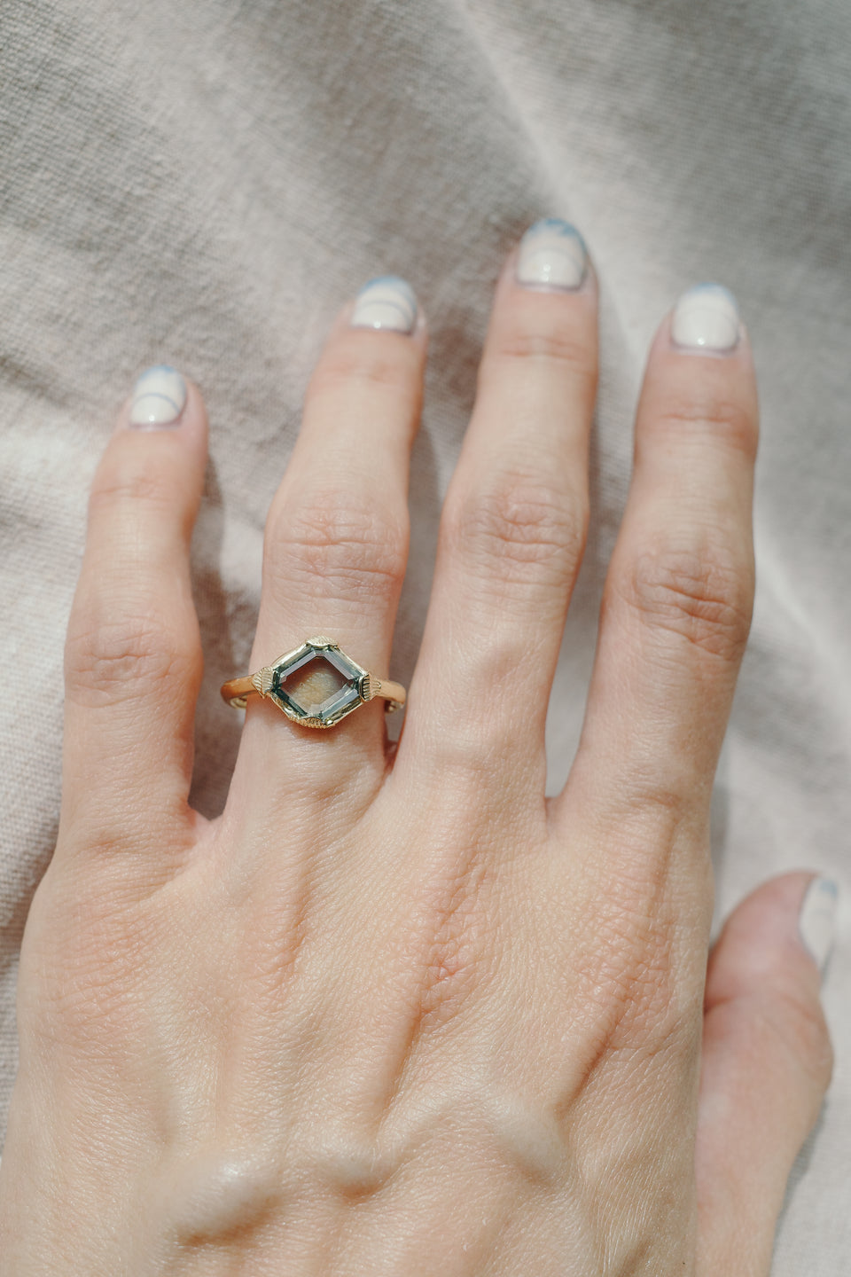 Green Portrait Cut Sapphire Ring